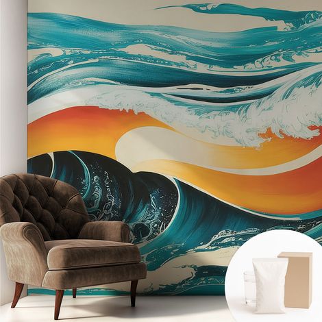 Fototapete - Tapete Vliestapete mit Kleber - Wandtapete Moderne Wandbild Schlafzimmer Wohnzimmer Abstrakte Wellen 250x250 cm (1/5)