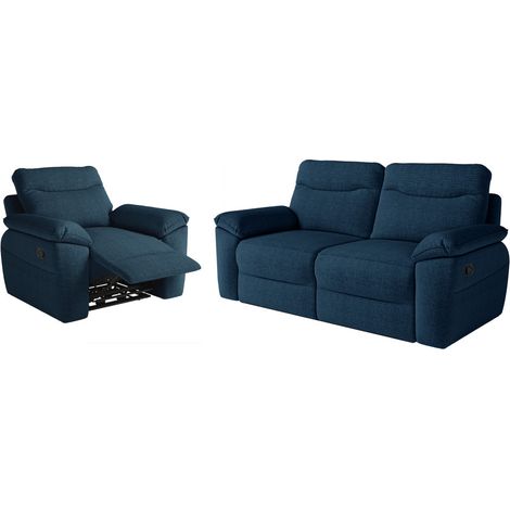 PACK - Canapé de relaxation ROSS manuel 3 places et fauteuil en tissu texturé 3D - Bleu foncé