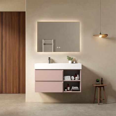 Mobile bagno sospeso 100 cm Rosa Retro Lavabo a Sinistra in Resina Specchio Quadro Retroilluminato - Fiji Paint Plus (1/4)