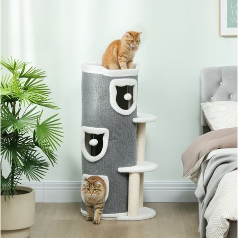 Torre per gatti 101 cm a 3 livelli, 3 cucce, palline gioco e tiragraffi in sisal Grigio OKMYHOME (1/5)