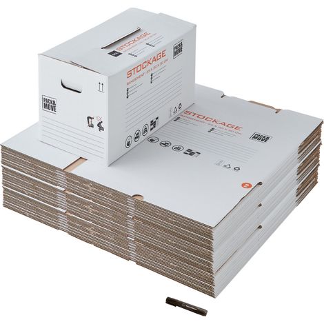 Pack and Move - Lot 20 cartons stockage - 55 x 30 x 30 cm - Poignées renforcées - 1 marqueur offert (1/4)