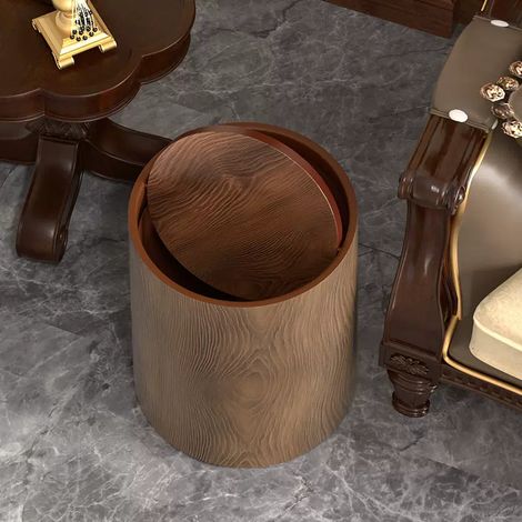 Poubelle ronde à couvercle oscillant effet bois noyer style chinois rétro 12L Poubelle intérieure double paroi plastique résistante, grande capacité pour salon, cuisine, chambre et salle de bain (1/3)