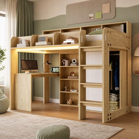 Letto a soppalco multifunzione 90 x 200 cm con scrivania, armadio, LED e presa HAVRYA (1/5)