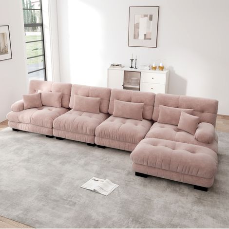 Canapé d’angle modulable en L en chenille rose 4 places avec pouf mobile OKWISH (1/5)