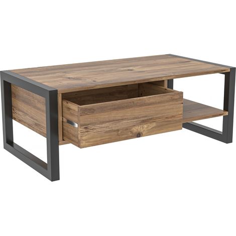 Table basse fixe 105x55x40 cm – 1 tiroir et 1 niche – Décor chêne et noir – Structure métallique robuste – Toilinux (1/10)
