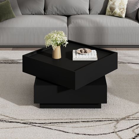 Couchtisch 360 Grad drehbar, Wohnzimmertisch schwarz quadratisch mit 2 Schubladen, 60x60x38 cm (1/5)