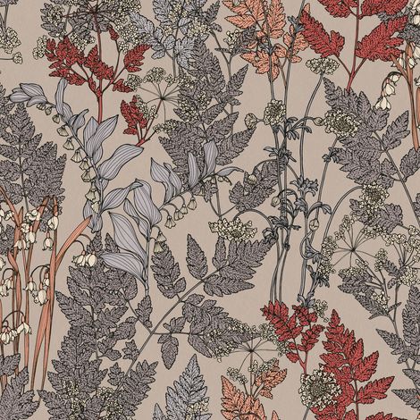 Papier peint motif floral gris, beige et rouge | Papier peint fleuri & feuille pour salon | Tapisserie fleurie pour chambre adulte - 10,05 x 0,53 m (1/5)