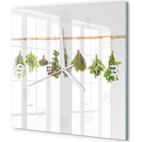 Horloge Murale Carrée Décoration Cuisine en Verre Trempé Silencieuse Moderne Herbes sur une ficelle 30x30 cm (1/5)