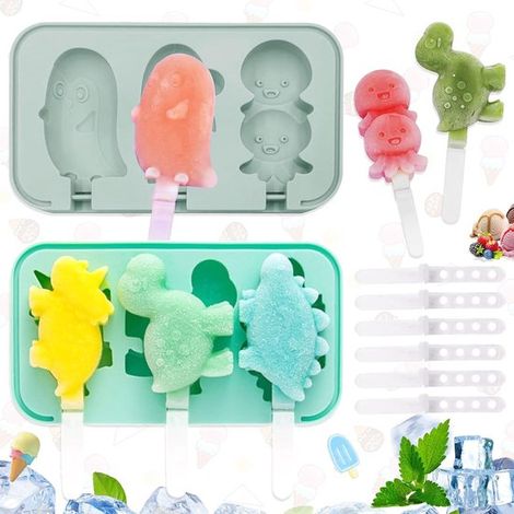 Confezione da 2 stampi in silicone per ghiaccioli - Stampi riutilizzabili per ghiaccioli - Stampi per ghiaccioli a forma di animali dei cartoni animati - Stampi per ghiaccioli fai da te per bambini e 