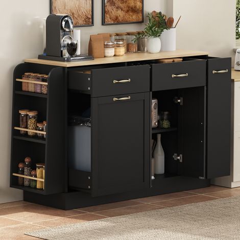 FLORAGRACE Buffet de cuisine 126 x 40 x 86 cm en MDF noir avec rangement, étagères ouvertes et plan de travail bois clair (1/5)