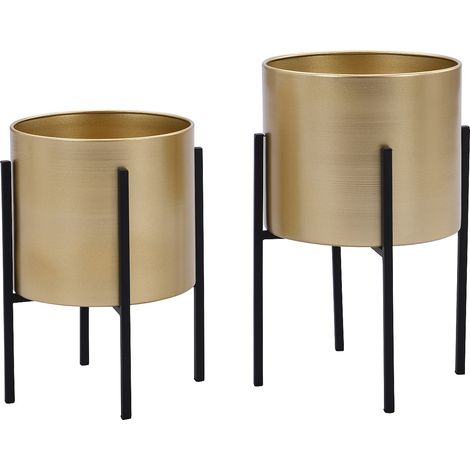 Lot de 2 cache-pots sur pied en métal - D. 25 x H. 39 et D. 23 x H. 35.5 - Doré et noir - EDMEE