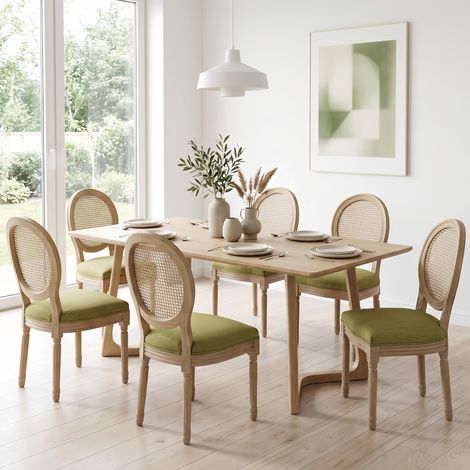 Lot de 6 Chaises Bois Massif - Dossier confortable Rotin Assise Lin Rembourrée, finition vieillie - style campagnard, vert olive