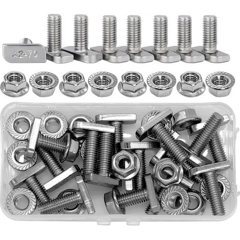 Lot de 16 vis à tête marteau M8 x 25 mm en acier inoxydable A2-70, avec écrou à dents de blocage hexagonales M8 pour modules PV, photovoltaïque, profilé en aluminium, serre, rail de montage (1/5)