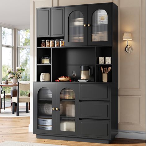 Mueble de cocina alto 175 cm con LED, puertas acrílicas, almacenamiento y MDF negro (1/5)