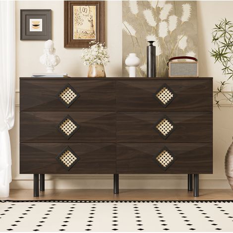 Tocador 120x40x74 cm nogal MDF y tablero de partículas con 6 cajones, pasacables y tiradores de ratán (1/5)