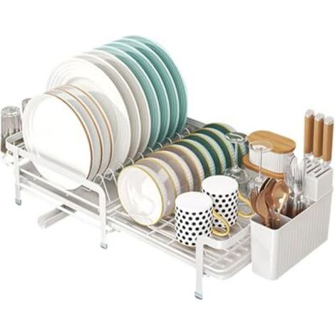 Égouttoir à vaisselle extensible en acier inoxydable avec bac d'égouttage et panier à couverts (blanc) (1/5)