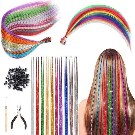 60-teiliges Haarverlängerungsset, Kunsthaarsträhnen für Kinder, farbige Haarteile, Clips, Haken mit 100 Perlen, Zopfclips (1/5)