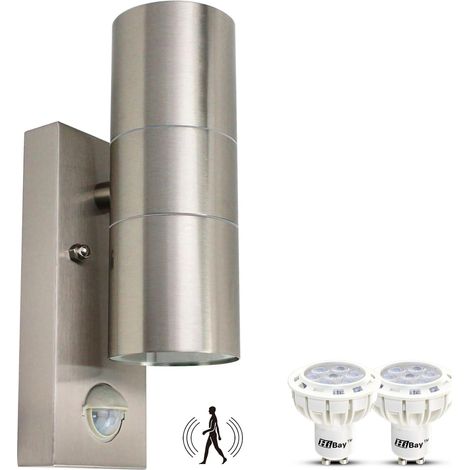 Applique Murale Exterieur/Intérieur Détecteur de Mouvement GU10 7W,Luminaire Exterieur LED Moderne Up et Down Inox Brossé 550lm Blanc Chaud IP44 Étanche Avec 2 Ampoules (1/5)
