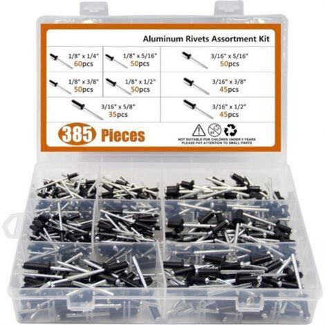 Assortiment de 385 rivets aveugles en aluminium, 8 tailles (noir) (1/4)