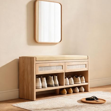 Banc de rangement avec coussin en lin 2 compartiments en rotin (1/5)