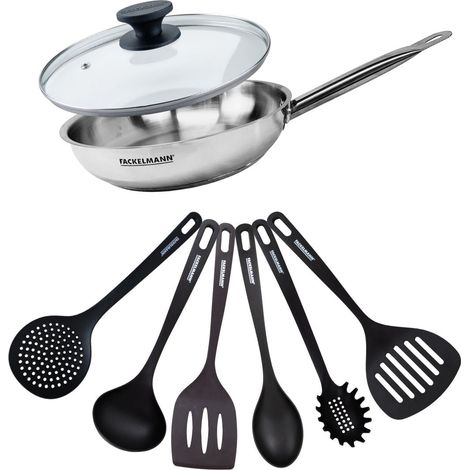 Set de 1 poêle de 28 cm en inox 1 couvercle en verre et 6 ustensiles Fackelmann Eterna (1/5)