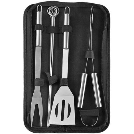 Lot de 7 accessoires de barbecue en acier inoxydable pour le camping et le barbecue en plein air – Comprend une pince à barbecue, une brosse, une fourchette et un sac de rangement pratique (1/5)