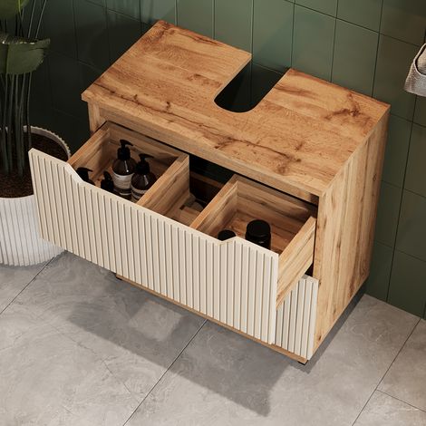 Mueble bajo lavabo Lotta, Rayas roble/cachemira, 59.8 x 62.5 cm con 2 cajones, Vicco (1/5)