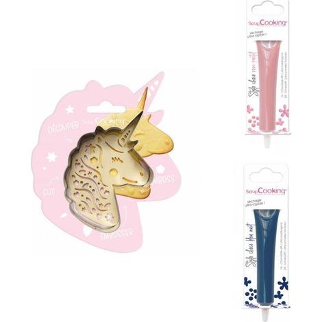 Kit pour biscuit en relief Licorne + 2 Stylos au chocolat rose pastel et bleu nuit