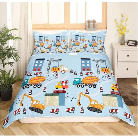 Excavatrice Construction Housse de Couette 240x260cm Adolescent Bleu Voiture Literie Enfants Taie d'oreiller 65x65 Microfibre - 3DB (1/3)