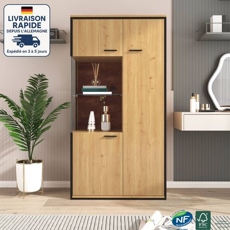 Vitrina moderna con iluminación LED, puertas de cristal, estantes multifuncionales, 15 colores de ambiente, gran espacio de almacenamiento, vitrina - H150 cm - aglomerado - color natural (1/5)