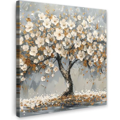 TABLEAU SUR TOILE Arbre - Fleurs - Blanc - Nature - Art Décoration Salon 50x50 cm