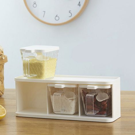 Boîte à condiments transparente en plastique à 3 compartiments avec poignée et cuillère pour épices, sel et sucre (1/5)