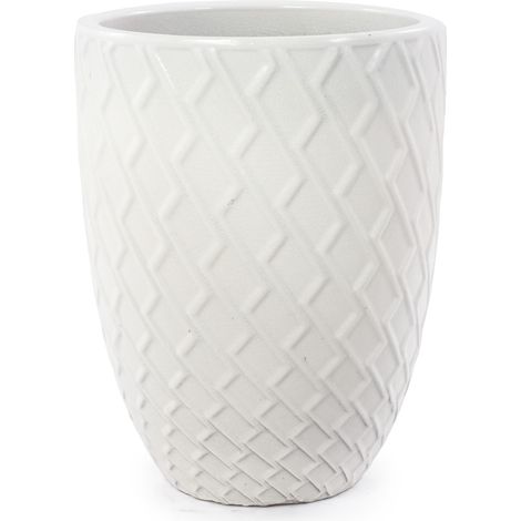 Grand pot de fleurs en céramique artisanale, 42 cm de diamètre × 54 cm de hauteur, blanc brillant à motif losanges, respirant, résistant au gel, avec trous de drainage pour grandes plantes d'intérieur (1/4)