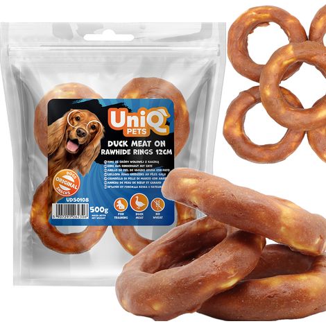 Uniq Pets Rohhaut-Leckerli für Hunde, 500 g Rindslederring mit Ente, 12 cm (1/5)