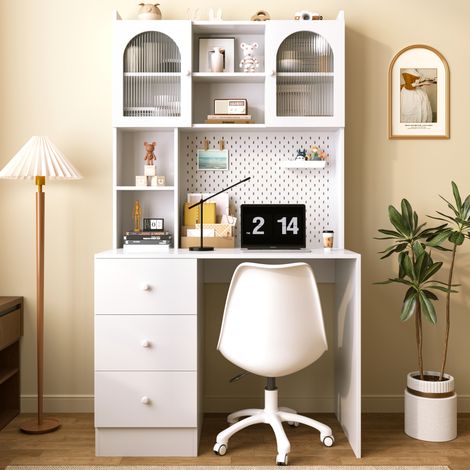 Modernluxe - Bureau moderne 100x55x180 cm - avec rangements intégré - avec 3 tiroirs et vitrine à porte vitrée - Blanc (1/5)