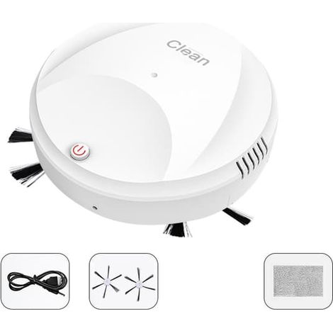 Aspirateur robot intelligent sans fil, silencieux, rechargeable par USB, robot de nettoyage automatique pour balayer et laver les sols, blanc (1/5)