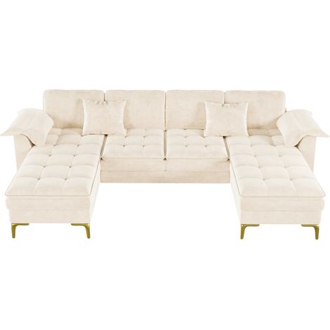 Divano angolare a U modulare 4 posti in ciniglia beige con 2 chaise longue e piedini in metallo oro (1/5)