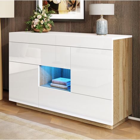 FLORAGRACE Buffet vitrine LED 120 cm blanc brillant et bois, 2 tiroirs, 2 portes, niche (1/5)