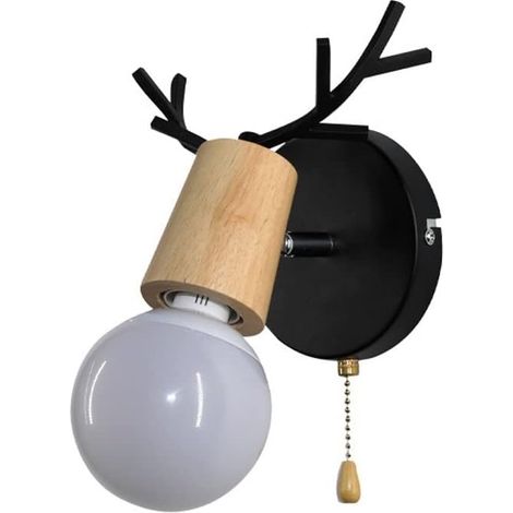Mini applique murale en bois de cerf, applique murale à châssis en bois avec abat-jour en métal, applique murale de chevet, luminaire E27 avec interrupteur à tirer, appliques murales décoratives pour (1/5)