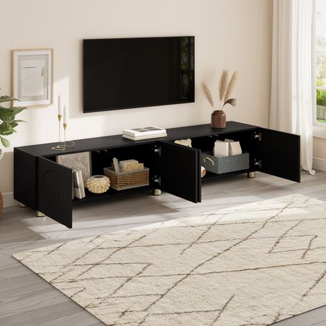 Mueble TV con 4 Puertas, Relieve de Arco, Patas de Metal, Salón, 180×35×40 cm, PB y MDF, Negro (1/5)