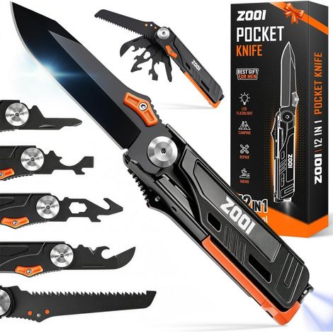12-in-1 Multitool Taschenmesser mit LED Licht, Edelstahl, Orange