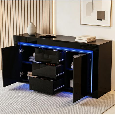 Aparador 140 x 40 x 65 cm con tira LED, 2 puertas, 3 cajones, negro HAVRYA (1/5)