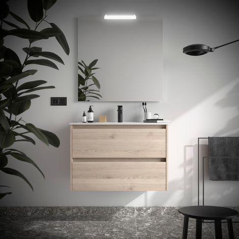 Meubles de salle de bain NOJA 900 2 tiroirs NATURAL + meuble vasque + miroir (1/2)