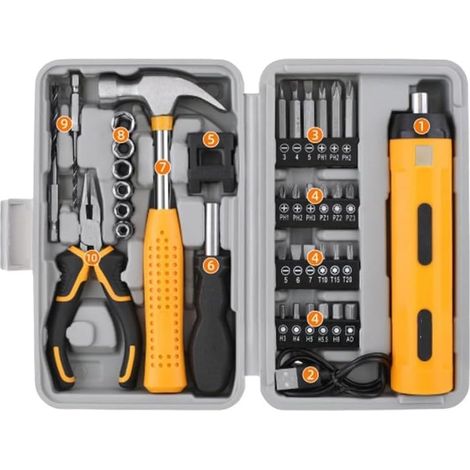Ensemble de tournevis électrique rechargeable par USB 3,6 V, 38 pièces, outil électrique multifonction avec options d'embouts manuels et automatiques, design léger sans fil pour bricolage et (1/5)