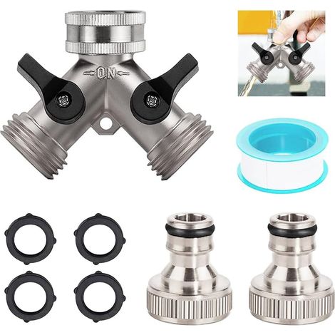 Robinet Double Sortie, 2-Voies Y-Distributeur, Adaptateur Tuyau Arrosage de 3/4",Double Sortie Tuyau Arrosage, Robinet Double Machine a Laver, avec Répartiteur de Tuyau, Rondelles et Un Ruban (1/5)