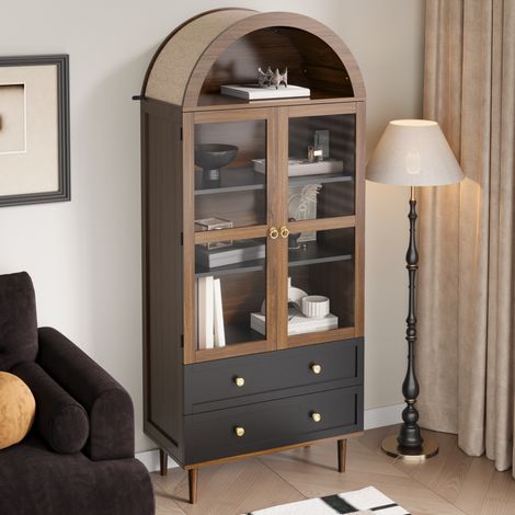 Buffet moderne 70x38x165 cm - 2 tiroirs et 2 portes - Avec étagères réglables - Design incurvé - MDF - Marron