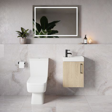 Napoli Cube Light Oak 400mm Single Door Wall Mounted Vanity Unit and Toilet Suite with Align Basin - 400mm - Matt Black 160mm Handle
