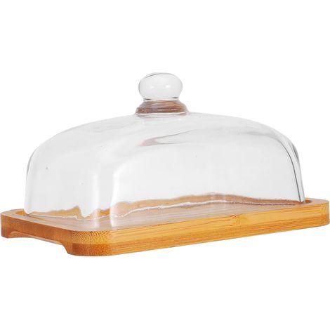 Beurrier Rectangulaire Verre avec Couvercle en Acacia Naturel Plateau à Beurre Hermétique pour Fromage Plateau à Gâteau Multifonction pour Desserts et Snacks (1/5)