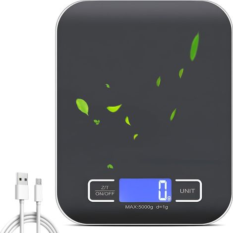 Balance de cuisine numérique - 10 kg/1 g - USB - Balance de cuisine numérique avec écran LED et fonction tare - Multifonction - Pour la pâtisserie et la cuisine - Noir (1/5)