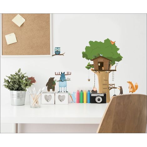Sticker autocollant décoratif pour enfant, 68 cm X 48 cm, illustration de cabane dans un arbre avec animaux de la forêt. (1/2)